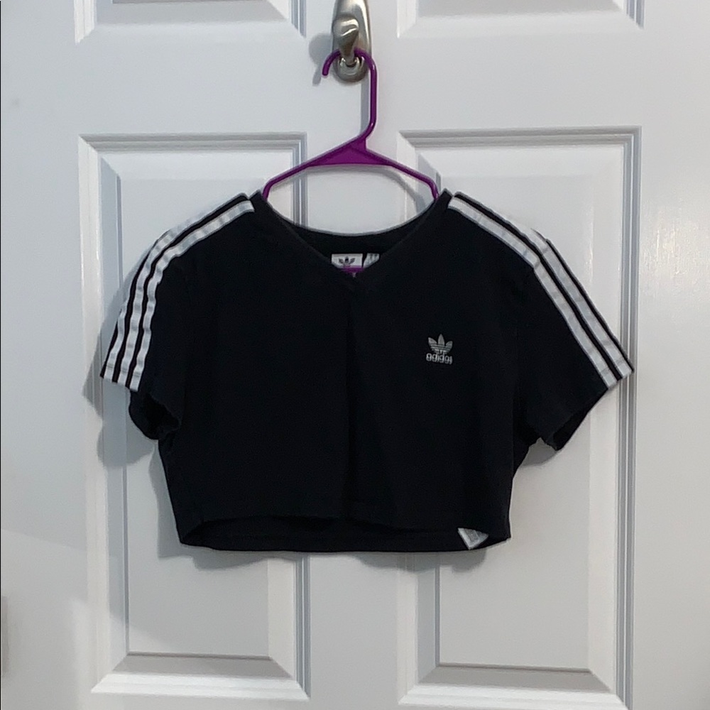Adidas L Black Short Sleeve Crop Top with Iconic Stripes
